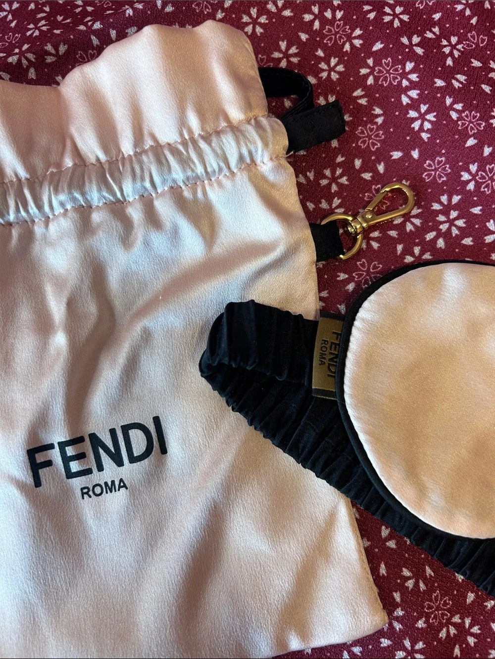 Fendi Reversible Pale Pink 100% Silk Eye Mask with Branded Pouch